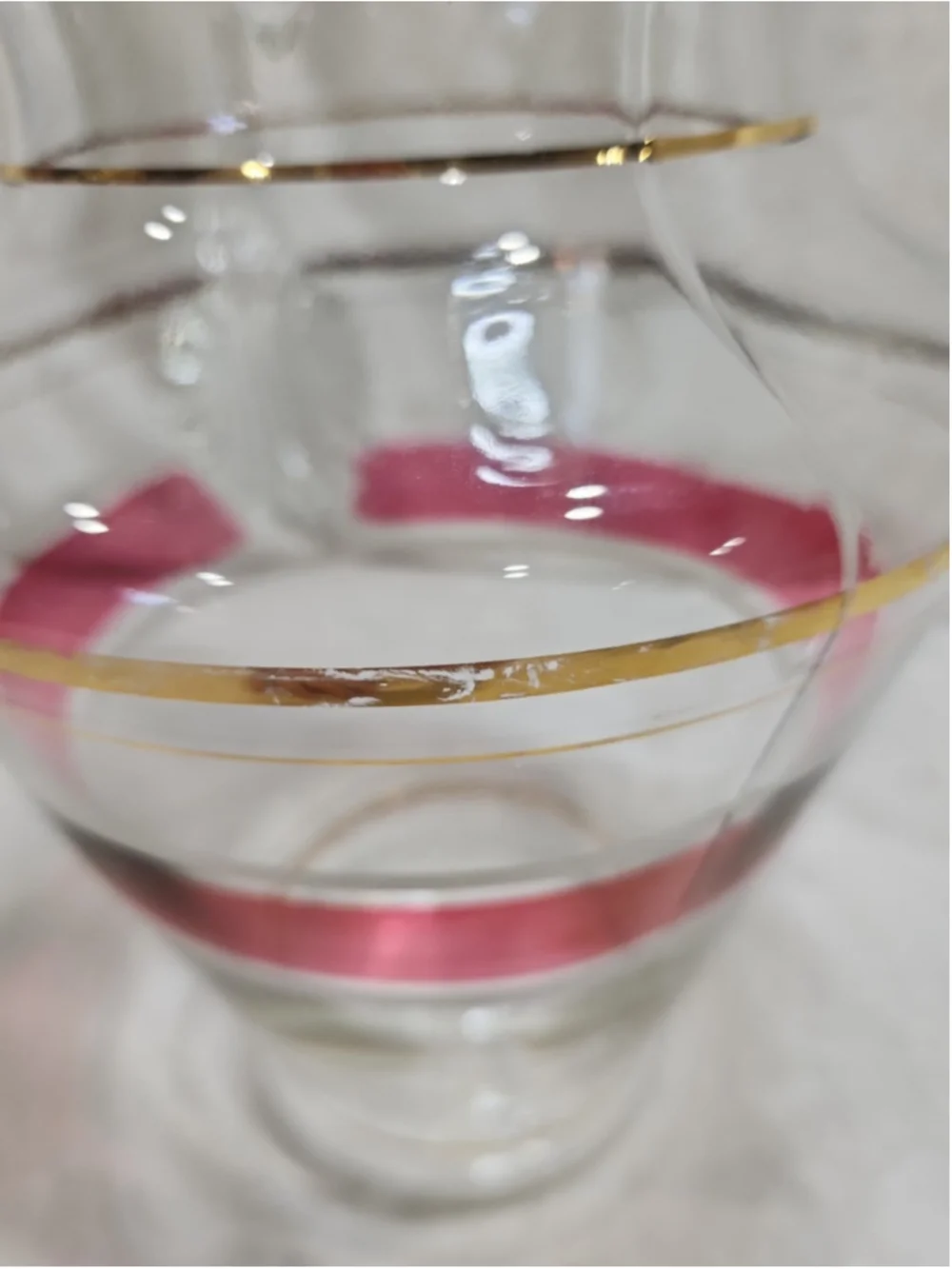 MCM Glass Pitcher Ice Lip Pink White Enamel Stripe Gold Trim Ribbed Handle